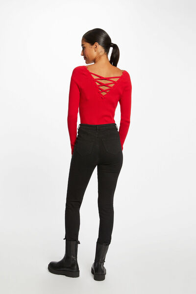 Pull manches longues avec col rond rouge femme