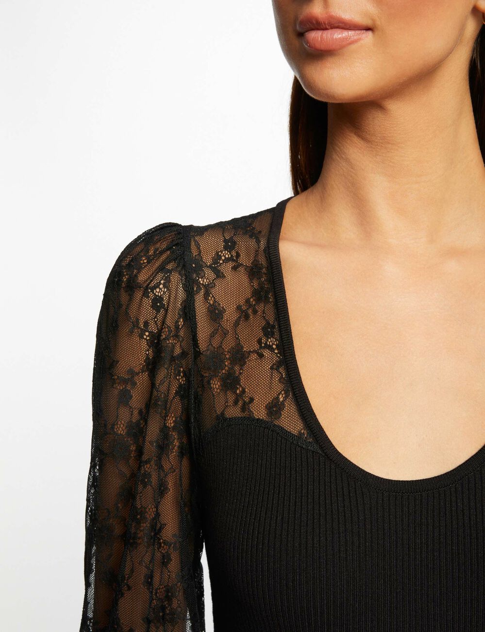 Pull manches longues en dentelle noir femme