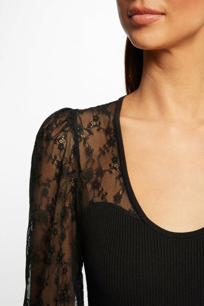 Pull manches longues en dentelle noir femme