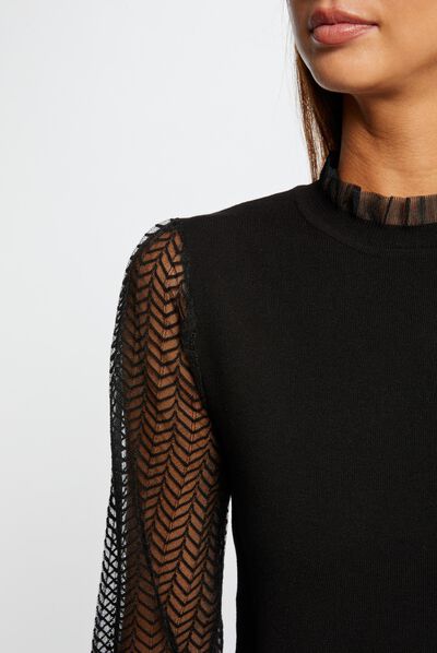 Pull manches longues à dentelle noir femme