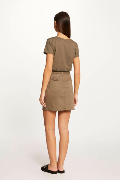 Jupe droite taille haute ceinturée vert kaki femme