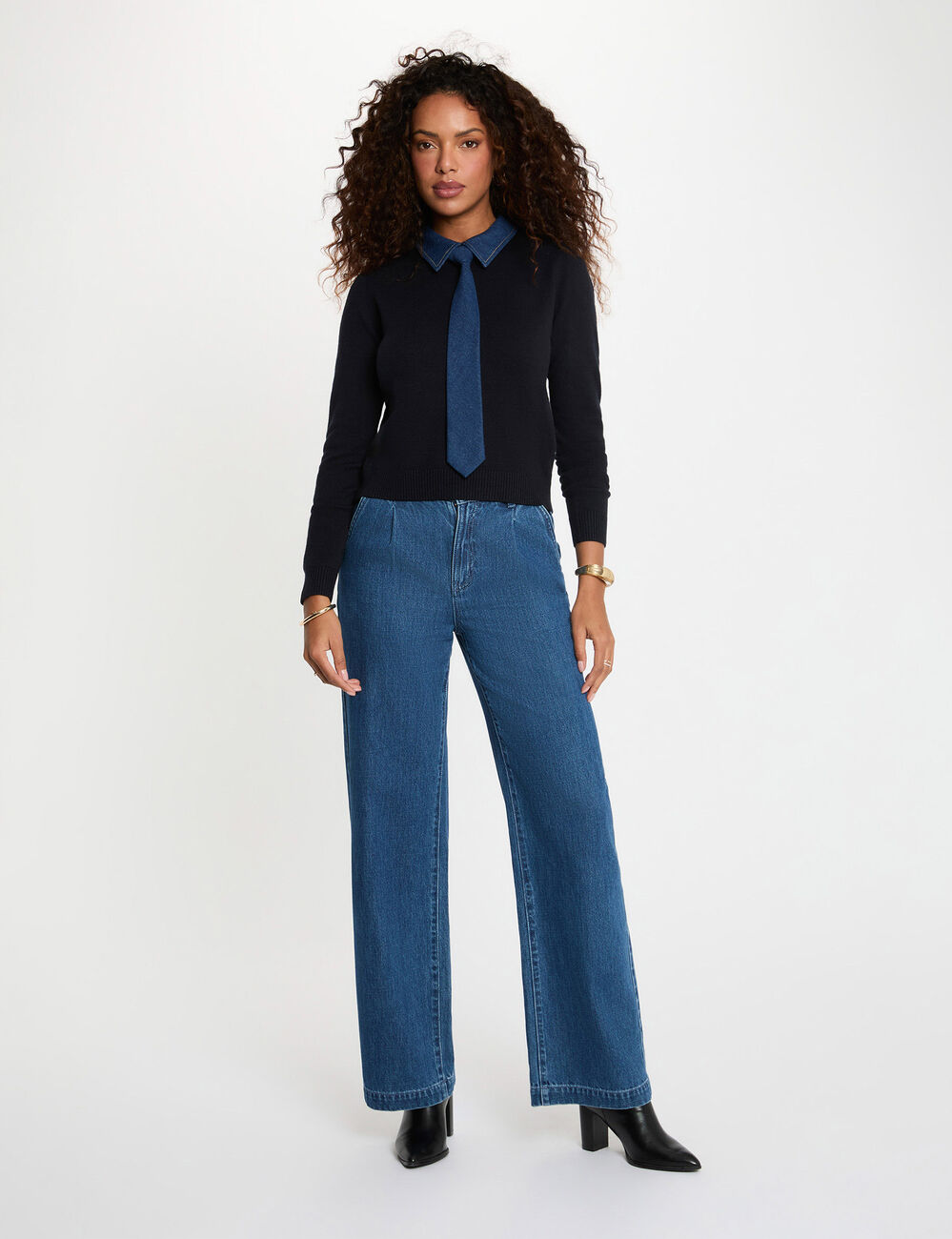 Pull col &agrave; revers bleu marine femme