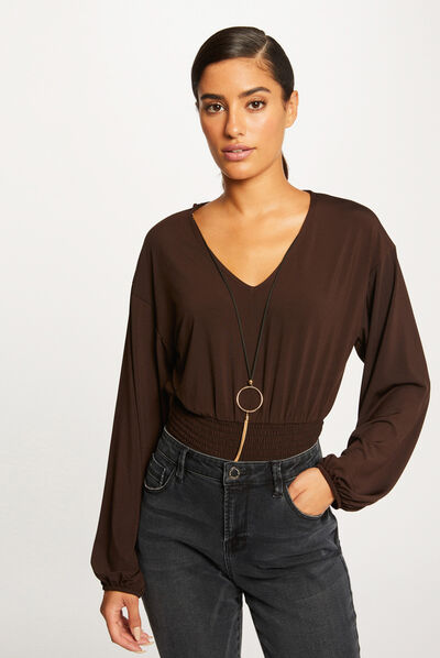 T-shirt manches longues à détail bijou marron femme