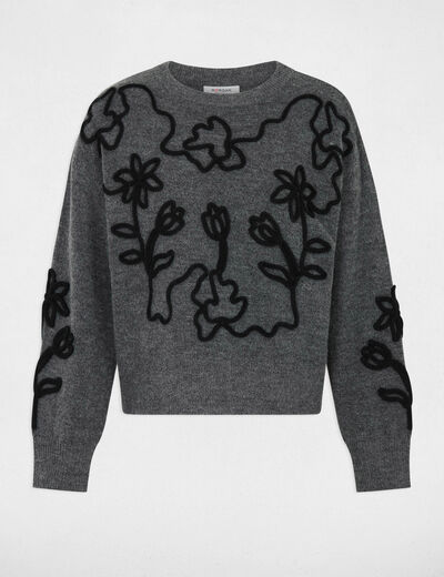 Pull col rond fantaisie gris fonc&eacute; femme