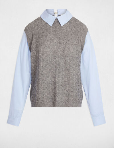 Pull col revers chemise gris clair femme