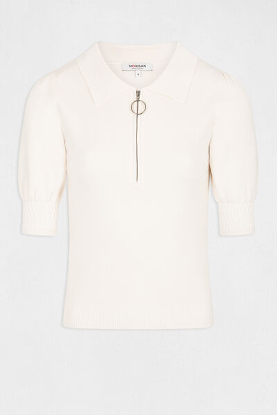 Pull manches courtes à col polo ivoire femme