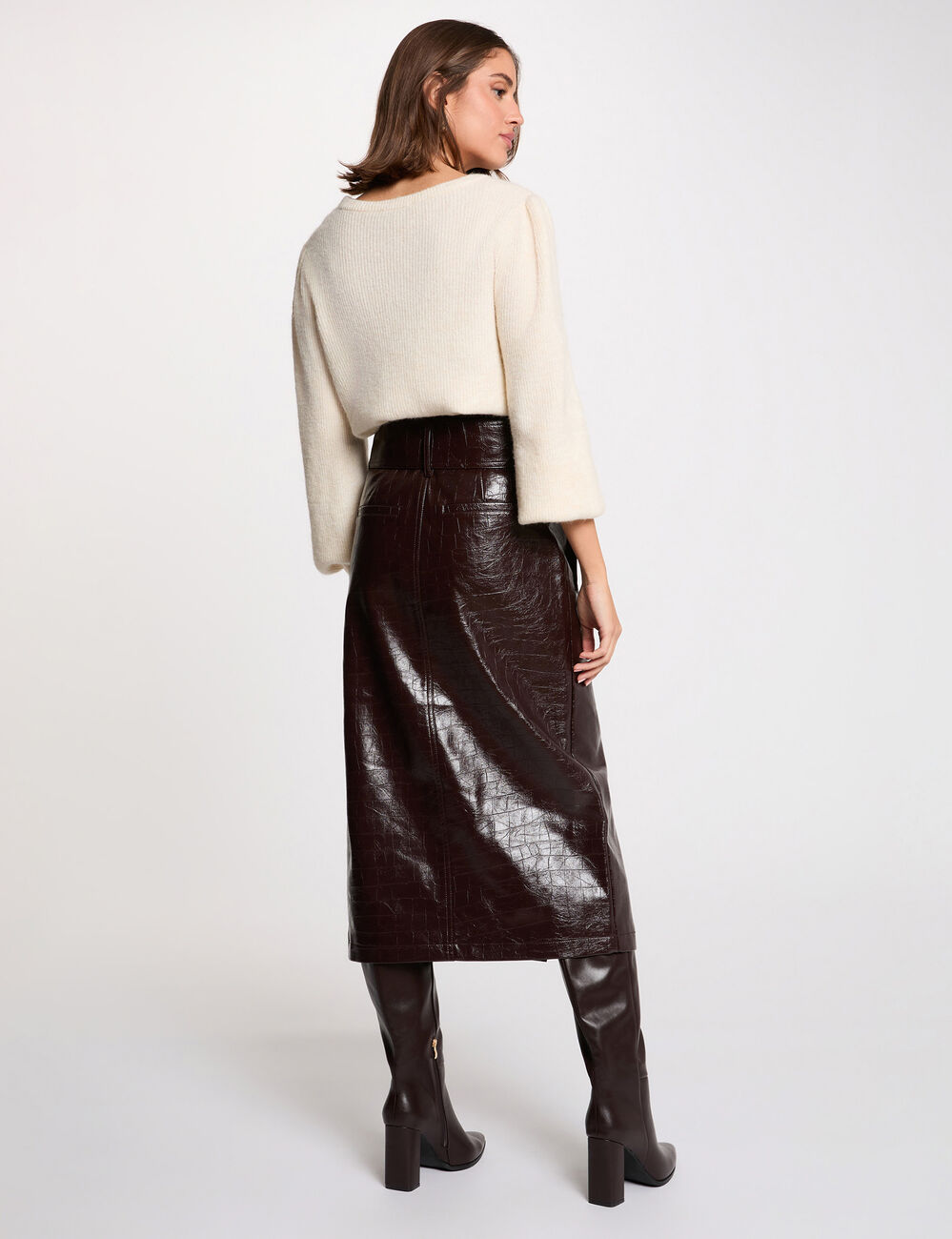 Jupe longue ceintur&eacute;e prune femme