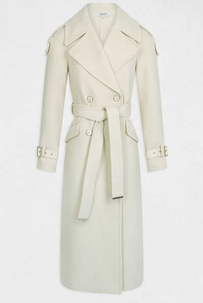 Manteau long cintré détails simili cuir ecru moyen femme