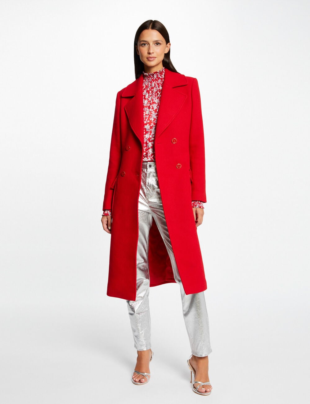 Manteau long cintr&eacute; ceintur&eacute; rouge femme