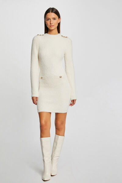 Robe pull ajustée maille duveteuse ivoire femme