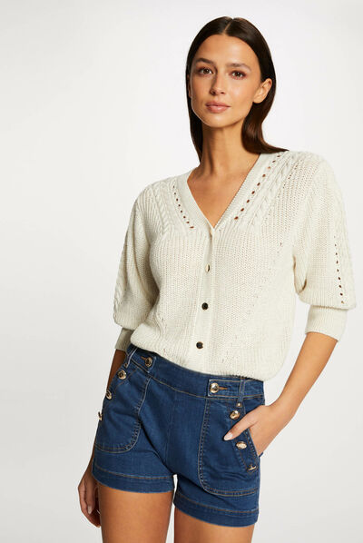 Gilet manches 3/4 avec détails torsades beige femme