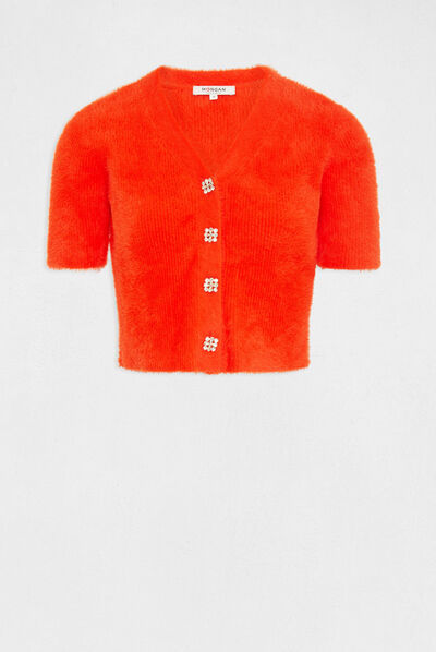 Pull manches courtes à boutons orange femme