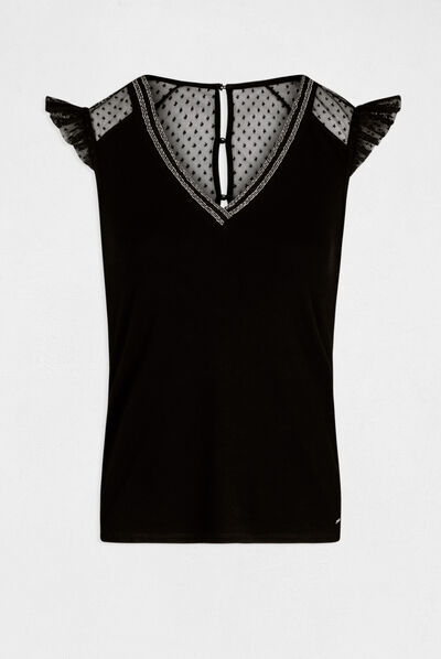 T-shirt manches courtes à plumetis noir femme