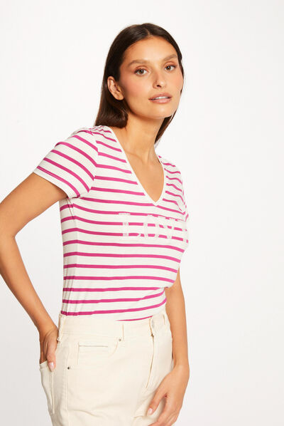 T-shirt manches courtes à rayures framboise femme