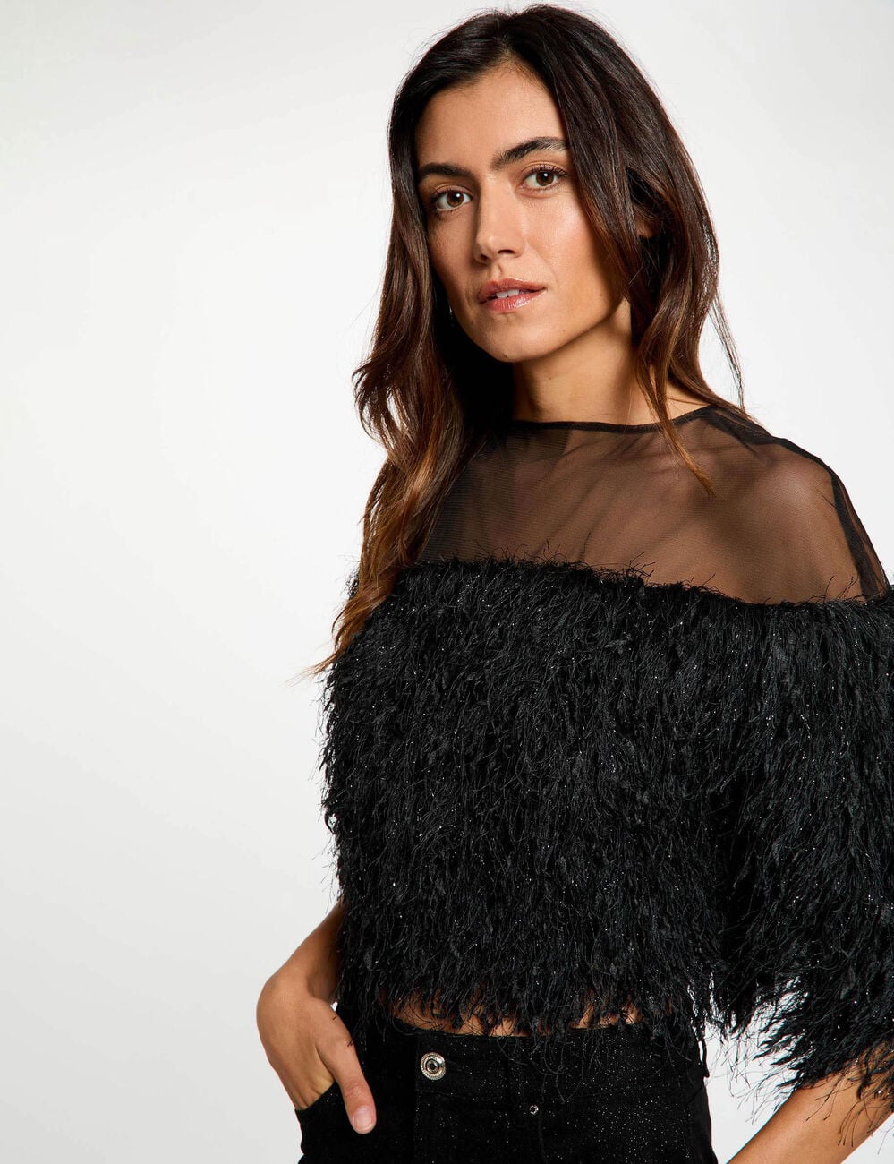Blouse fausse fourrure noir femme