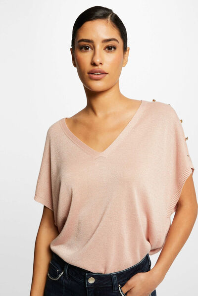 Pull manches courtes à col en V rose clair femme