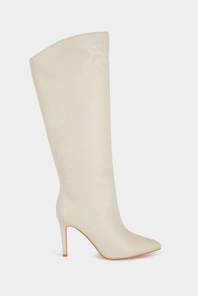 Bottes hautes à talons aiguilles en cuir ivoire femme