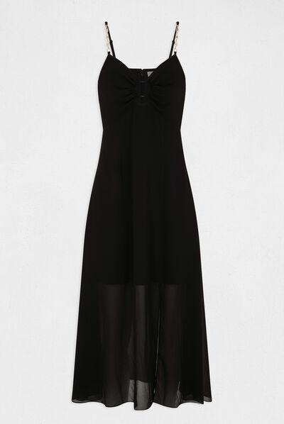 Robe midi évasée bretelles chaînes noir femme