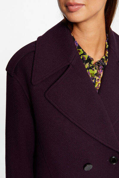 Manteau long droit double boutonnage violet fonce femme