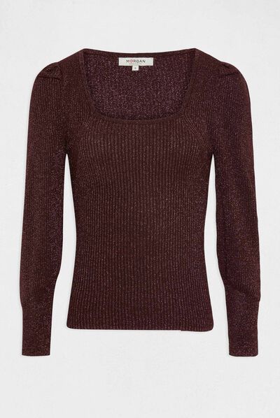 Pull manches longues encolure carrée prune femme
