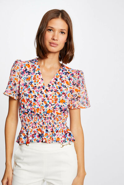 T-shirt manches courtes imprimé floral ecru femme