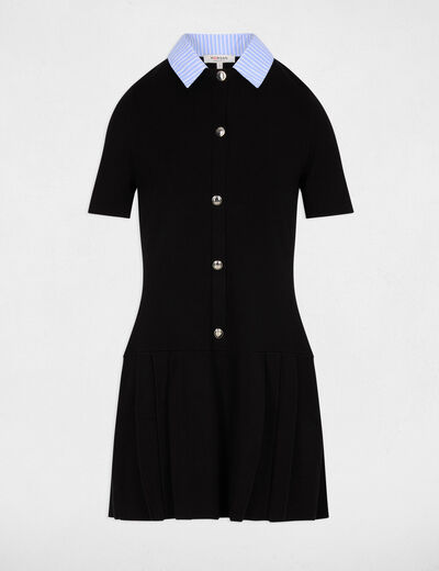 Robe tricot col chemise noir femme