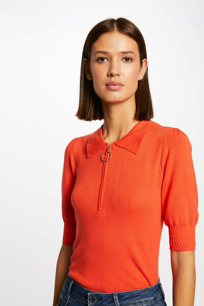 Pull manches courtes à col polo orange femme