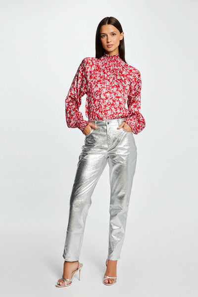 Pantalon droit simili cuir métallisé argente femme