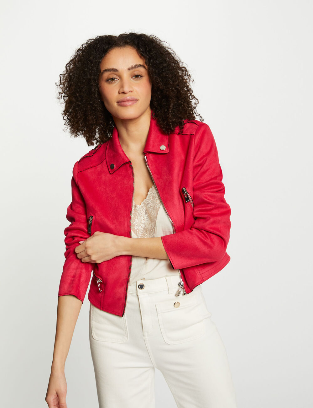 Blouson droit aspect suédine rose femme