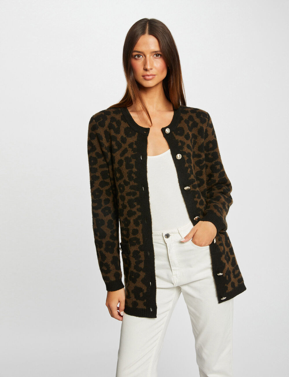 Gilet mi-long imprim&eacute; l&eacute;opard noir femme
