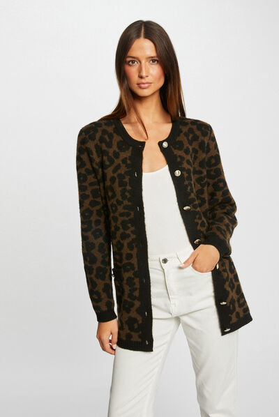 Gilet mi-long imprimé léopard noir femme