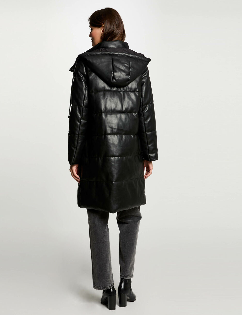 Doudoune longue simili cuir noir femme