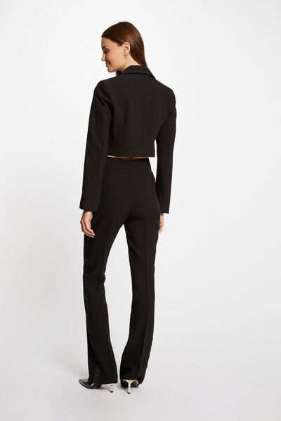 Pantalon smocking flare bandes satin noir femme