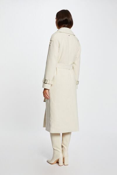 Manteau long cintré détails simili cuir ecru moyen femme