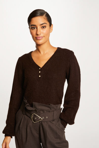 Pull manches longues à col en V marron fonce femme