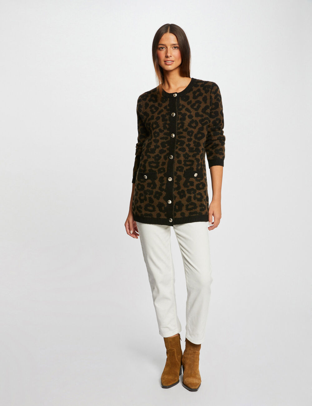 Gilet mi-long imprim&eacute; l&eacute;opard noir femme