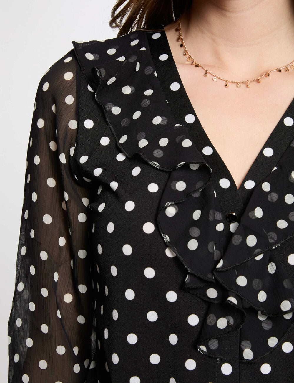 T-shirt manches 3/4 &agrave; pois blanc femme