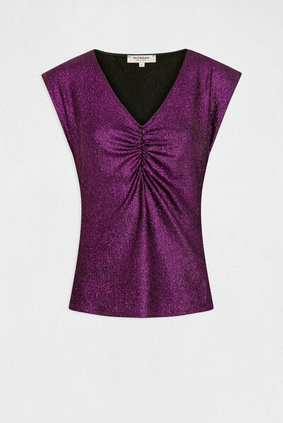T-shirt manches courtes à paillettes fuchsia femme