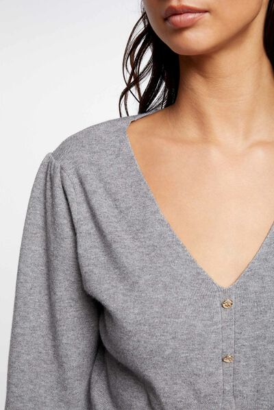Pull manches longues avec col en V gris moyen femme
