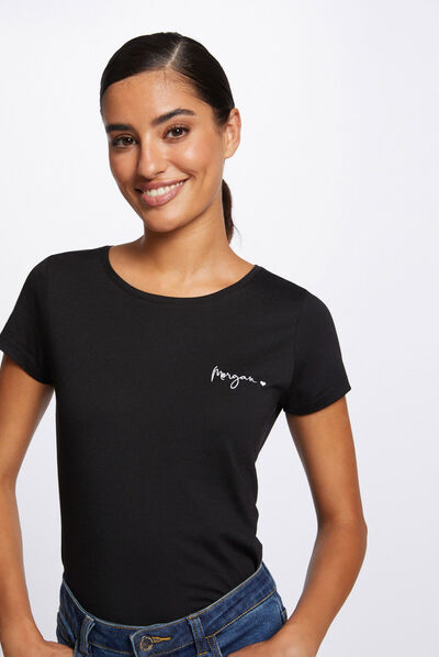 T-shirt manches courtes avec broderie noir femme