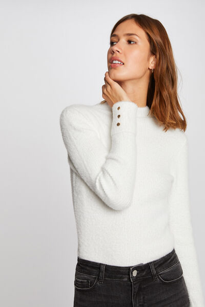 Pull manches longues maille duveteuse ecru femme