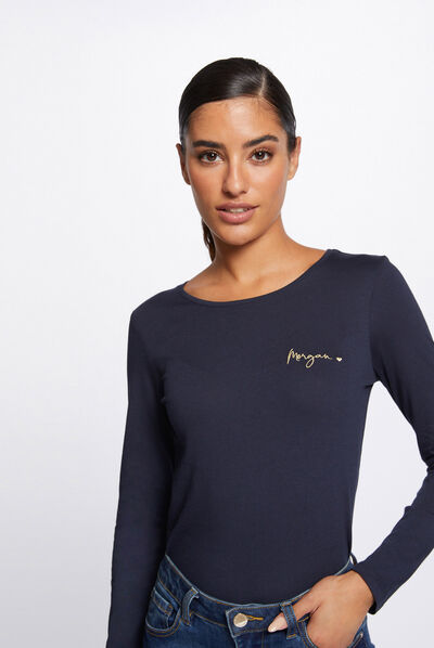 T-shirt manches longues à détails brodés marine femme
