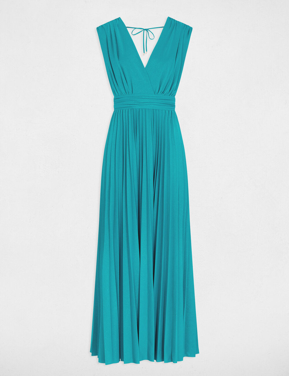 Robe longue évasée plissée turquoise femme