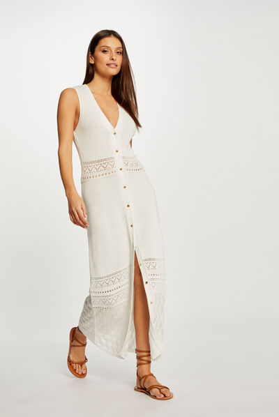 Robe pull longue droite sans manches ecru femme