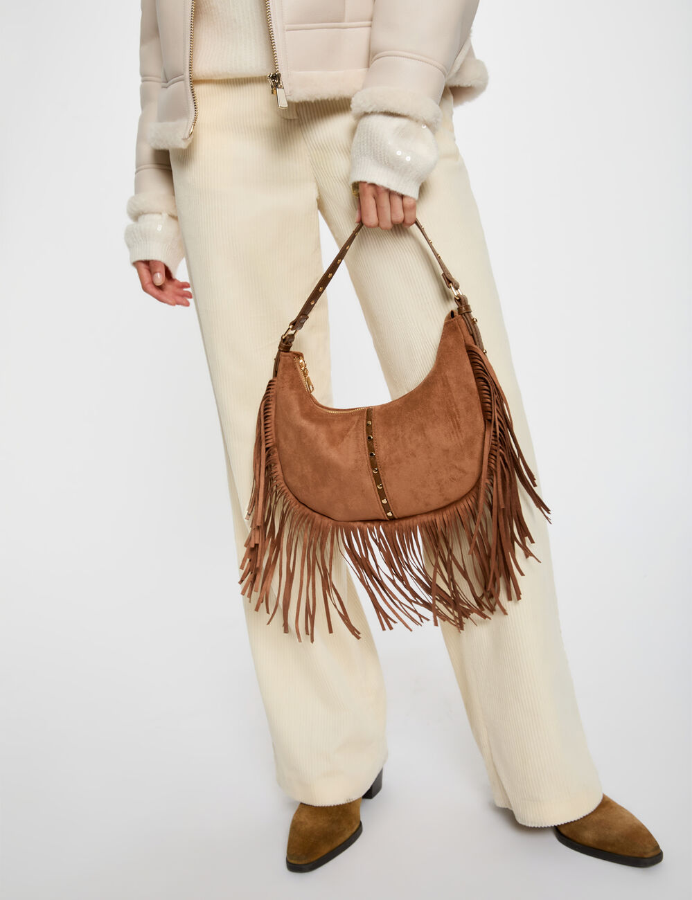 Sac franges su&eacute;dine beige femme