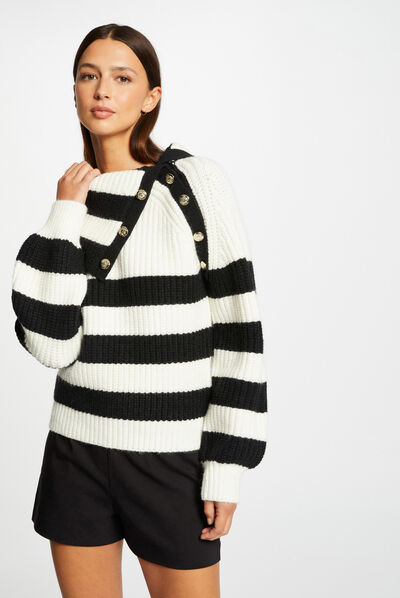 Pull manches longues à rayures ivoire femme