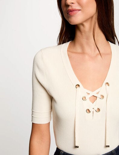 pull col en v a lacage ivoire femme Pull col en V à laçage ivoire femme