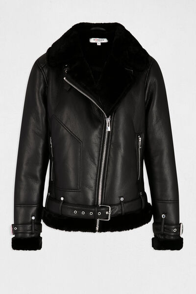 Blouson droit simili cuir noir femme