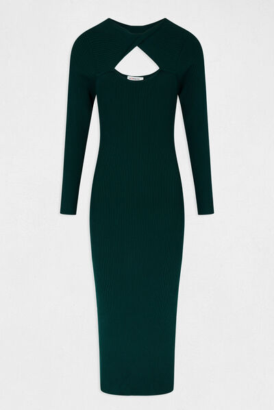 Robe pull longue ajustée à ouverture vert fonce femme