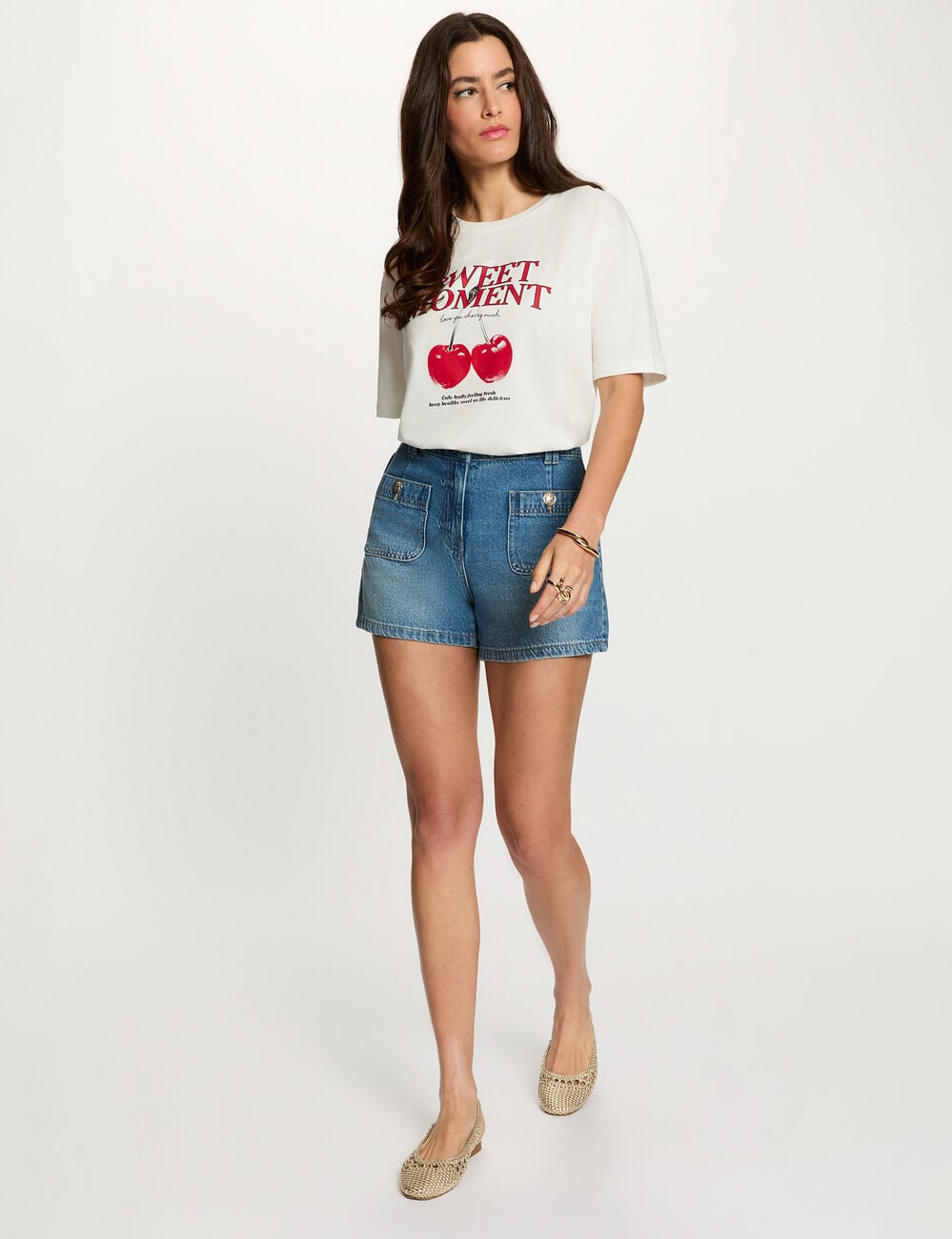 T-shirt imprim&eacute; col rond blanc femme